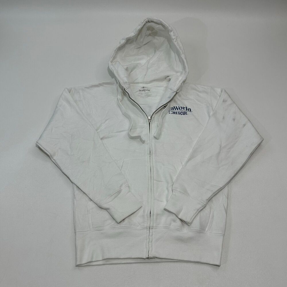 SeaWorld Men's Zip Hoodie White Rescue Logo Full-Zip Cotton Blend Sweatshirt XS